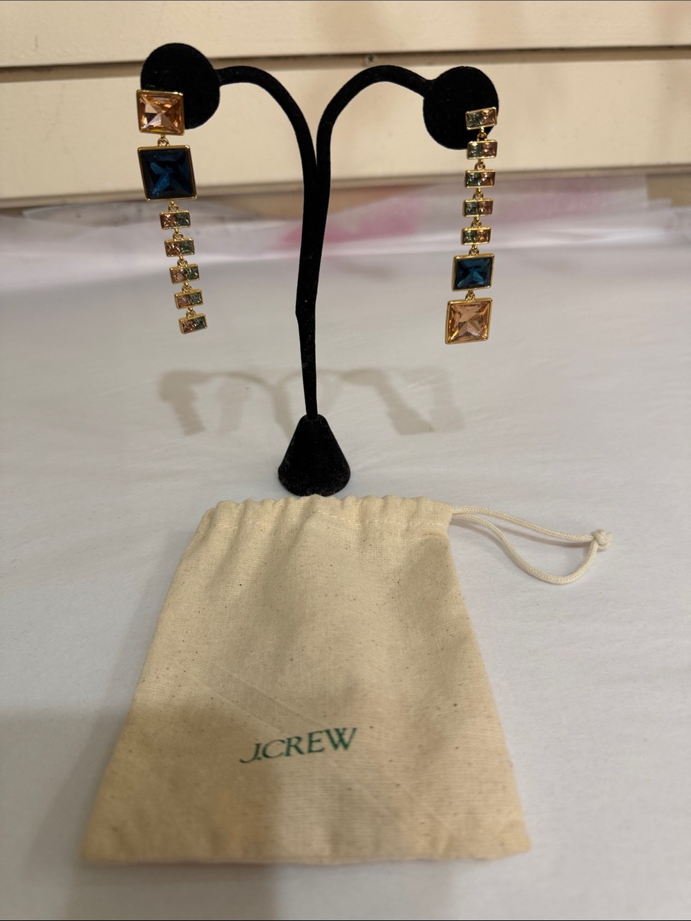 J. Crew Gold-Tone Linear Drop Earrings with Blue and Champagne Stones